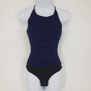 BCBGMaxazria Racerback Bodysuit Top XXS Textured Striped Sleeveless Blue Black